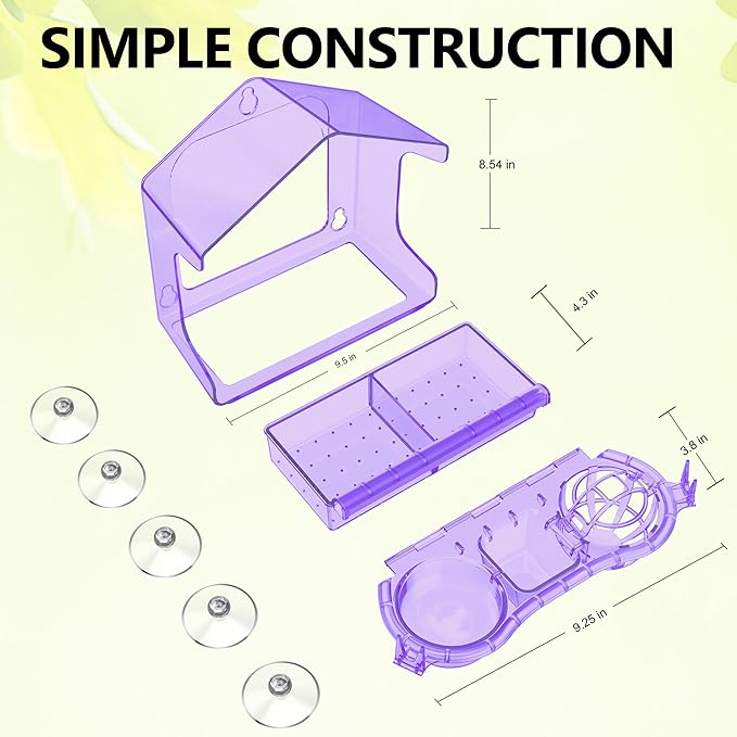 LUJII 6-in-1 Window Bird Feeder with Strongest Suction Cups, All-in-one Feeder for Bird Seed, Suet Ball, Mealworm, Oriole Orange Fruit, Jam or Water, Easy to Clean with 2 Removable Trays, Purple
