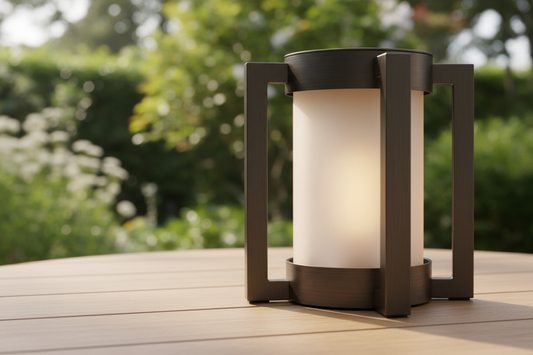Premium minimalist garden lantern with warm amber glow on outdoor table by Gardenive