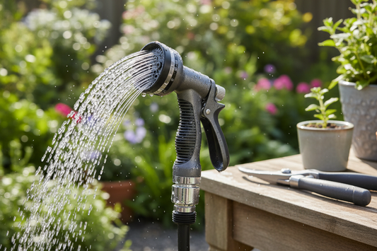 Premium garden watering nozzle with water droplets and garden shears on potting bench by Gardenive