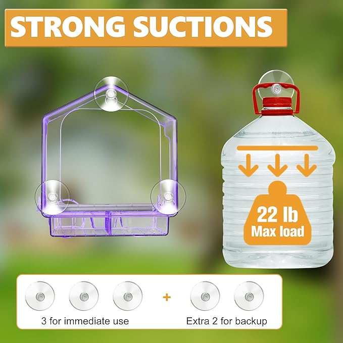 LUJII 6-in-1 Window Bird Feeder with Strongest Suction Cups, All-in-one Feeder for Bird Seed, Suet Ball, Mealworm, Oriole Orange Fruit, Jam or Water, Easy to Clean with 2 Removable Trays, Purple