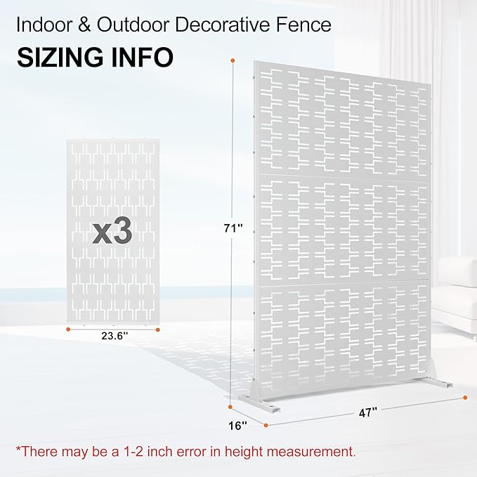 Metal Privacy Screen for Outdoor & Indoor, Freestanding Decorative Privacy Fence, 3 Panels for Patio Lawn Deck (71" H×47" W, White Brick)