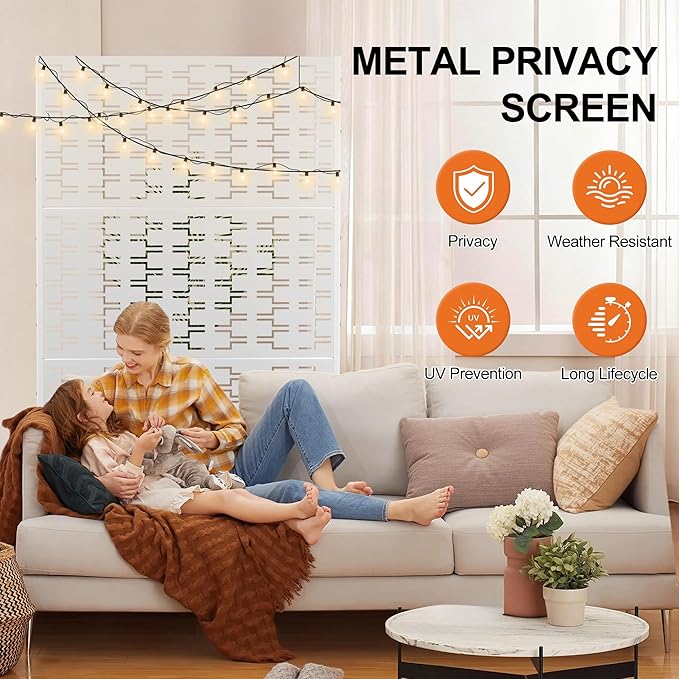 Metal Privacy Screen for Outdoor & Indoor, Freestanding Decorative Privacy Fence, 3 Panels for Patio Lawn Deck (71" H×47" W, White Brick)