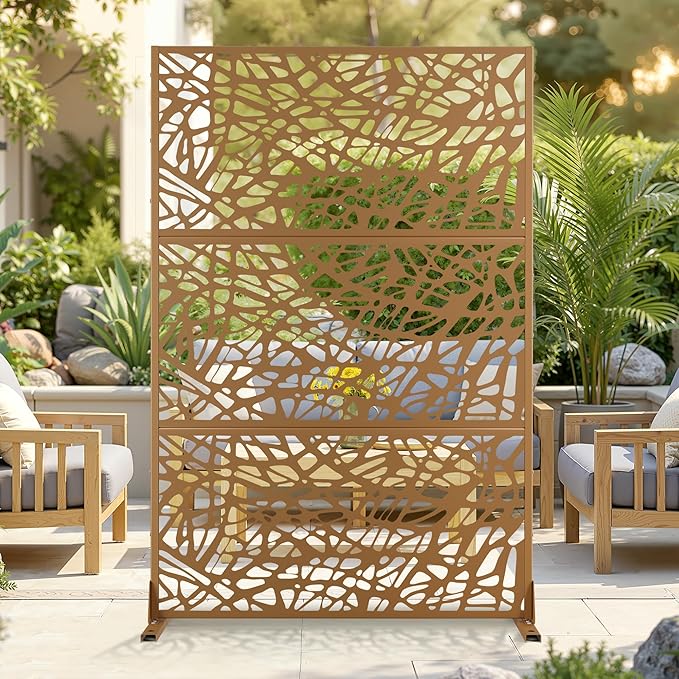Outdoor Privacy Screen for Patio Freestanding, Metal Privacy Screen, Decorative Fences Outdoor for Room Garden Divider, Lawn, Deck (71" H×47" W, Brown Net, 3 Panels)