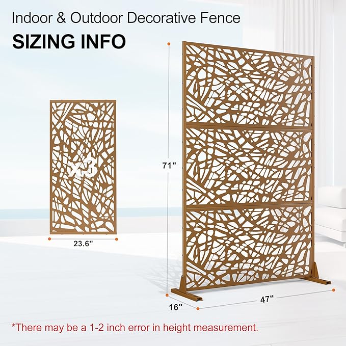 Outdoor Privacy Screen for Patio Freestanding, Metal Privacy Screen, Decorative Fences Outdoor for Room Garden Divider, Lawn, Deck (71" H×47" W, Brown Net, 3 Panels)