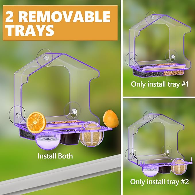 LUJII 6-in-1 Window Bird Feeder with Strongest Suction Cups, All-in-one Feeder for Bird Seed, Suet Ball, Mealworm, Oriole Orange Fruit, Jam or Water, Easy to Clean with 2 Removable Trays, Purple