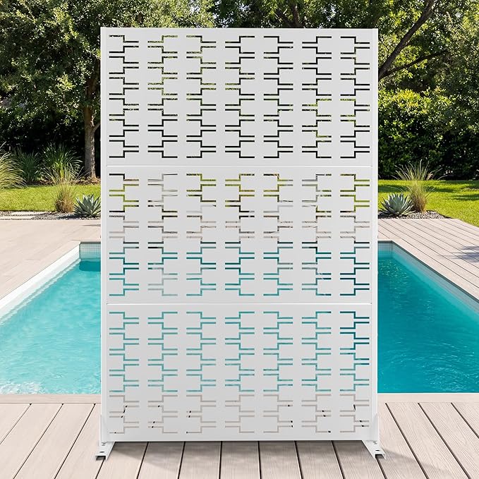 Metal Privacy Screen for Outdoor & Indoor, Freestanding Decorative Privacy Fence, 3 Panels for Patio Lawn Deck (71" H×47" W, White Brick)