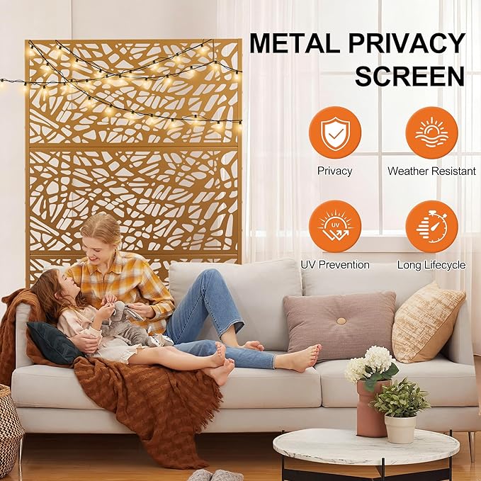 Outdoor Privacy Screen for Patio Freestanding, Metal Privacy Screen, Decorative Fences Outdoor for Room Garden Divider, Lawn, Deck (71" H×47" W, Brown Net, 3 Panels)