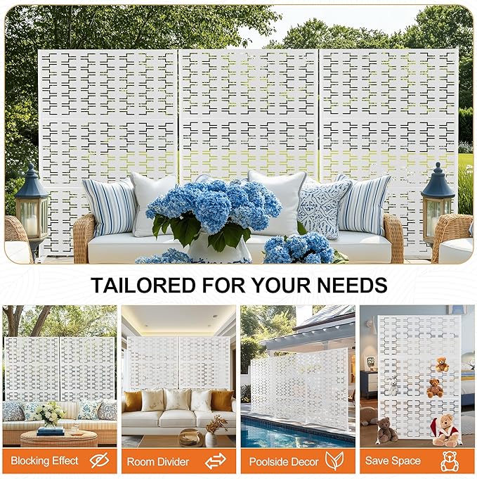 Metal Privacy Screen for Outdoor & Indoor, Freestanding Decorative Privacy Fence, 3 Panels for Patio Lawn Deck (71" H×47" W, White Brick)
