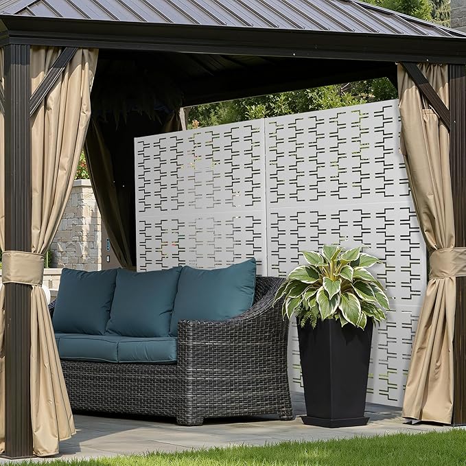 Metal Privacy Screen for Outdoor & Indoor, Freestanding Decorative Privacy Fence, 3 Panels for Patio Lawn Deck (71" H×47" W, White Brick)