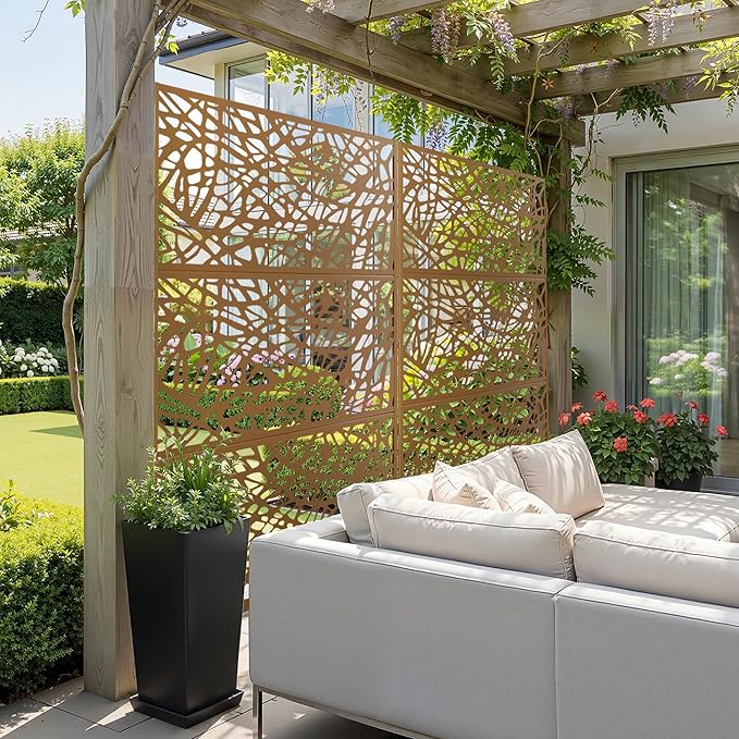 Outdoor Privacy Screen for Patio Freestanding, Metal Privacy Screen, Decorative Fences Outdoor for Room Garden Divider, Lawn, Deck (71" H×47" W, Brown Net, 3 Panels)