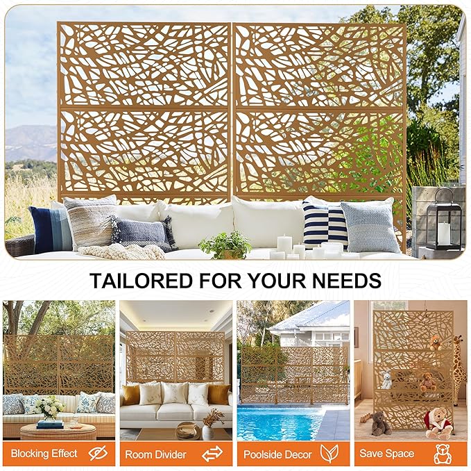 Outdoor Privacy Screen for Patio Freestanding, Metal Privacy Screen, Decorative Fences Outdoor for Room Garden Divider, Lawn, Deck (71" H×47" W, Brown Net, 3 Panels)