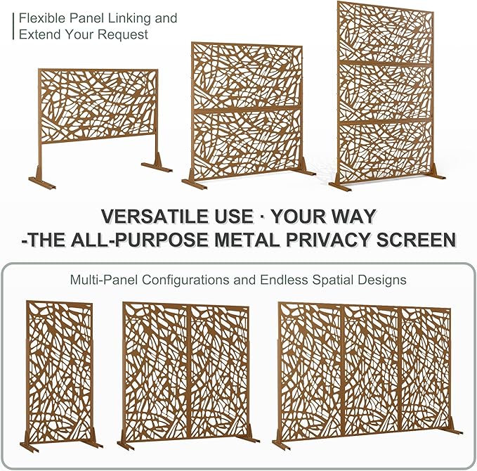 Outdoor Privacy Screen for Patio Freestanding, Metal Privacy Screen, Decorative Fences Outdoor for Room Garden Divider, Lawn, Deck (71" H×47" W, Brown Net, 3 Panels)