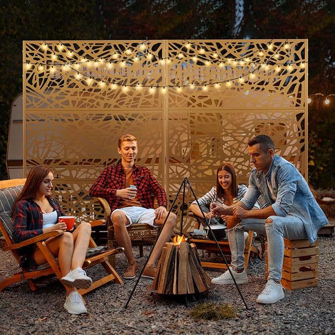 Outdoor Privacy Screen for Patio Freestanding, Metal Privacy Screen, Decorative Fences Outdoor for Room Garden Divider, Lawn, Deck (71" H×47" W, Brown Net, 3 Panels)